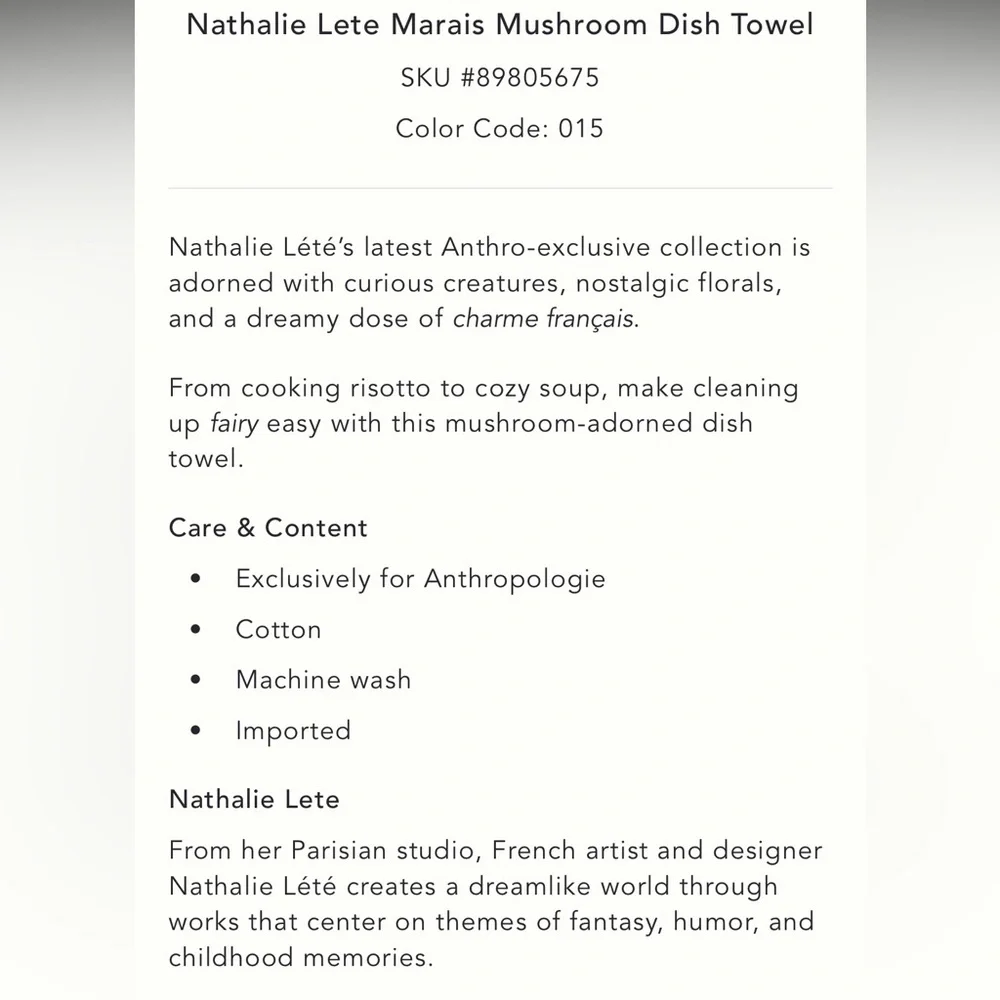 Nathalie Lete Marais‎ tea towel w mushrooms
